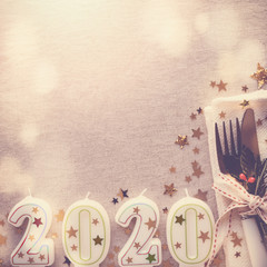 Wall Mural - Happy New Year 2020 table place setting, New year eve lunch and dinner menu concept