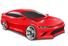 Realistic Red Sport Car Sedan 3D Design On Isolated Background Vector Illustration.