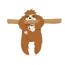 Cute Sloth Bear On Tree Brunch Holding Cup Of Coffee Scandinavian Illustration Isolated On White Background. Little Sloth Hang On Twig And Drink Coffee Kawaii Childish Vector Hand Drawn Illustration.