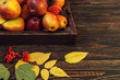 Red apples in farmhouse style wooden crate. Autumn falling leaves and fruits on dark wooden board. Copy space for text. Toned image. Selective focus.