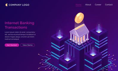 Online internet banking transaction, isometric finance concept vector. Bank building with gold coin on pedestal and traffic connections with servers or data center, finance website landing page