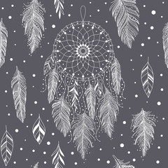 Gray and white hand drawn dreamcatchers and feathers, and leaves, seamless pattern in boho ethnic style, vector background, can be used for fabric, wallpaper