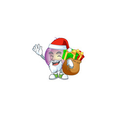 Sticker - Yellow christmas ball cartoon with mascot santa bring gift.