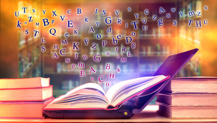Poster - imagine opening an old book blurred with magic power on the table and the english alphabet floating 