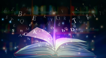 Poster - Imagine opening an old book blurred with magic power on the table and the English alphabet floating above the book with magic light as a beautiful background design.