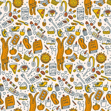 Seamless Pattern With Everyday Objects, Light Background