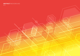 Wall Mural - Abstract technology concept geometric hexagon with lines diagonal on red and yellow background.