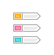Three Steps, Color Buttons With Numbers 1, 2, 3 And Text In Outline Frame. Right Arrows. Infographic Design Element, Vector Illustration.