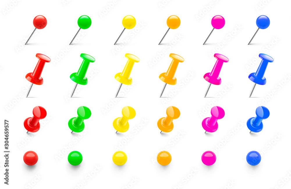 Colorful push pins set in different angles. Realistic thumbtacks ...