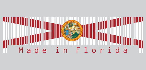 Wall Mural - Barcode set the color of Florida flag, the states of America. A red saltire on a white background, with the state seal superimposed on the center. text: Made in Florida. Concept of sale.