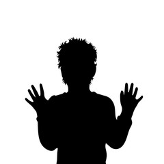 Poster - Vector silhouette of boy on white background. Symbol of child, childhood, school, infantile, profile, salute, wave.