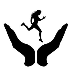 Canvas Print - Vector silhouette of a hand in a protection gesture protecting a running girl. Symbol of insurance, woman, female, people, person, run, jogging, defensive, healthy, safe, security, support.