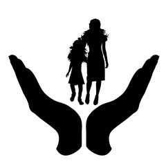 Poster - Vector silhouette of a hand in a protection gesture protecting a family. Symbol of insurance, woman, female, child, daughter, mother, people, person, defensive, healthy, safe.