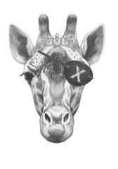 Wall Mural - Portrait of Giraffe with diadem and eye patch. Hand-drawn illustration. 