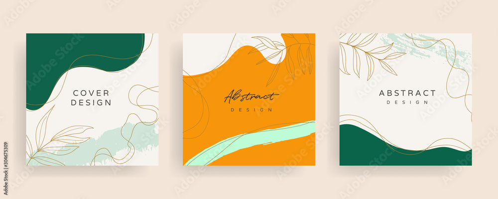 Social media stories and post creative Vector set. Background template with copy space for text and images design by abstract colored shapes,  line arts , Tropical leaves  warm color of the earth tone - obrazy, fototapety, plakaty 