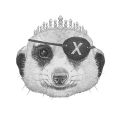 Wall Mural - Portrait of Least Weasel with diadem and eye patch. Hand-drawn illustration. 