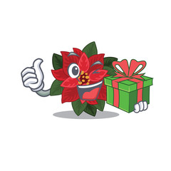 Sticker - Vector illustration of Happy flower poinsettia With gift box