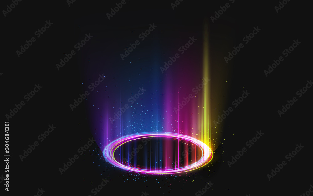 Magic rainbow portal on night scene. Neon circle digital hologram with colored light rays and sparkles. Realistic beam stage. Glowing futuristic teleport. Shining podium isolated on black background - obrazy, fototapety, plakaty 