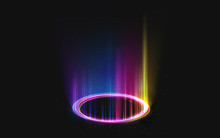 Magic Rainbow Portal On Night Scene. Neon Circle Digital Hologram With Colored Light Rays And Sparkles. Realistic Beam Stage. Glowing Futuristic Teleport. Shining Podium Isolated On Black Background