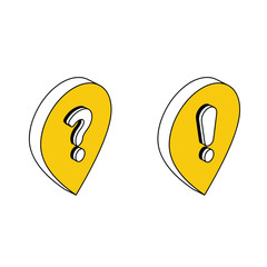 Poster - Map pin label Exclamation Question. Vector 3d isometric, color web icon, new flat style. Creative illustration design, idea for infographics.