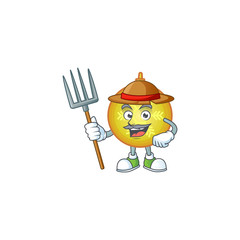 Poster - Yellow christmas ball as farmer cartoon character with hat and tools.