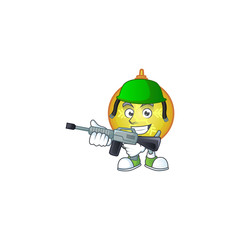 Sticker - A cartoon of yellow christmas ball army with machine gun.