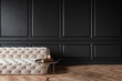© YKvisual - Modern classic black interior with capitone chester sofa, coffee table, wood floor, mouldings. 3d render interior mock up.