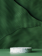 Abstract Background For Branding, Identity And Packaging Presentation. Terrazzo Podium And Green Wavy Stripes Background. 3d Rendering Illustration.