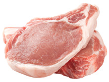Fresh Raw Meat On White Background, Pork, Beef, Chop On A Bone, Clipping Path, Full Depth Of Field