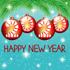 Wall Mural - 2020 New Year Christmas banner with fir branches and red balls on a winter blue background.
