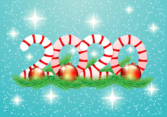 Canvas Print - 2020 New Year Christmas banner with fir branches and red balls on a winter blue background.