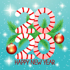 Wall Mural - 2020 New Year Christmas banner with fir branches and red balls on a winter blue background.