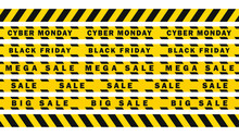 Realistic Seamless Attention SALE Yellow Black Diagonal Stripes Tape. Safety Danger Ribbon Signs.Warn Caution Symbol.  Mega Sale, Black Friday, Cyber Monday. Isolated On White Background.