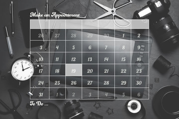 Poster - Double exposure of calendar and designer's workplace. Personal schedule