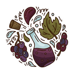 Cartoon bottle with isolated black grapes. Round doodle template of red wine or balsamic vinegar. Hand drawn vector concept. Color illustration for emblem, sticker, poster, banner