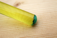 Insoluble Precipitate Of Copper Silicate In A Yellow Aqueous Solution Of Sodium Silicate, In Test Tube.