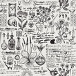 Vector seamless pattern on the theme of medicine and herbal treatment in retro style. Repeatable background with hand-drawn sketches, unreadable notes, various herbs and old medical symbols, blots.