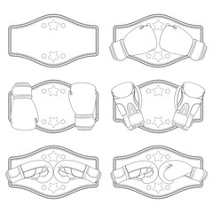 Set of black and white illustrations with boxing gloves and a winner's belt. Isolated vector objects on a white background.