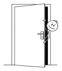 Wall Mural - Vector cartoon stick figure drawing conceptual illustration of man or businessman peeping out or looking out the slightly open door.