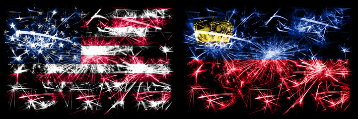 United States of America, USA vs Liechtenstein, Liechtensteins New Year celebration sparkling fireworks flags concept background. Combination of two abstract states flags.