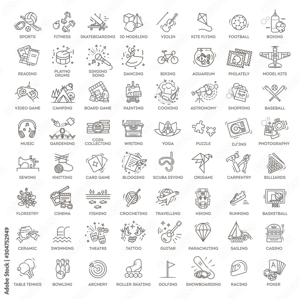 Hobbies and interest detailed line icons set in modern line icon style for ui, ux, web, app design - obrazy, fototapety, plakaty 