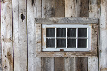 Rustic Window And Wall Background. Weathered Wood Building With Exterior Wall And Window With Copy Space. 