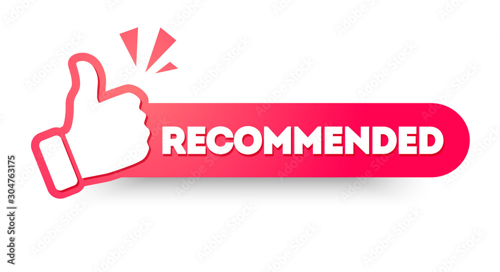 Vector Illustration Recommended Label With Thumbs up. Modern Web Banner Element - obrazy, fototapety, plakaty 