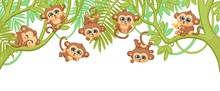 Cute Cartoon Baby Monkeys Hanging On Jungle Tree Branches