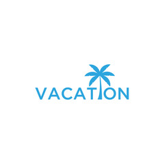 Wall Mural - Vacation logo design template. Green palm inn seaside. The concept for travel agency, tropical resort, beach hotel, spa. Summer vacation symbol.