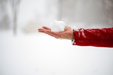 Closeup Shot Of A Male Holding Up A Snowball With A Blurred Background
