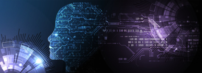 Wall Mural - Artificial intelligence (AI) and big data concept. Machine cyber mind.  Humen face with binary data flow. Technology vector background.