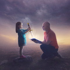 Fototapete - Father and daughter with sword