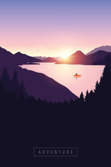 Wall Mural - lonely canoeing adventure with orange boat at sunrise on the river vector illustration EPS10