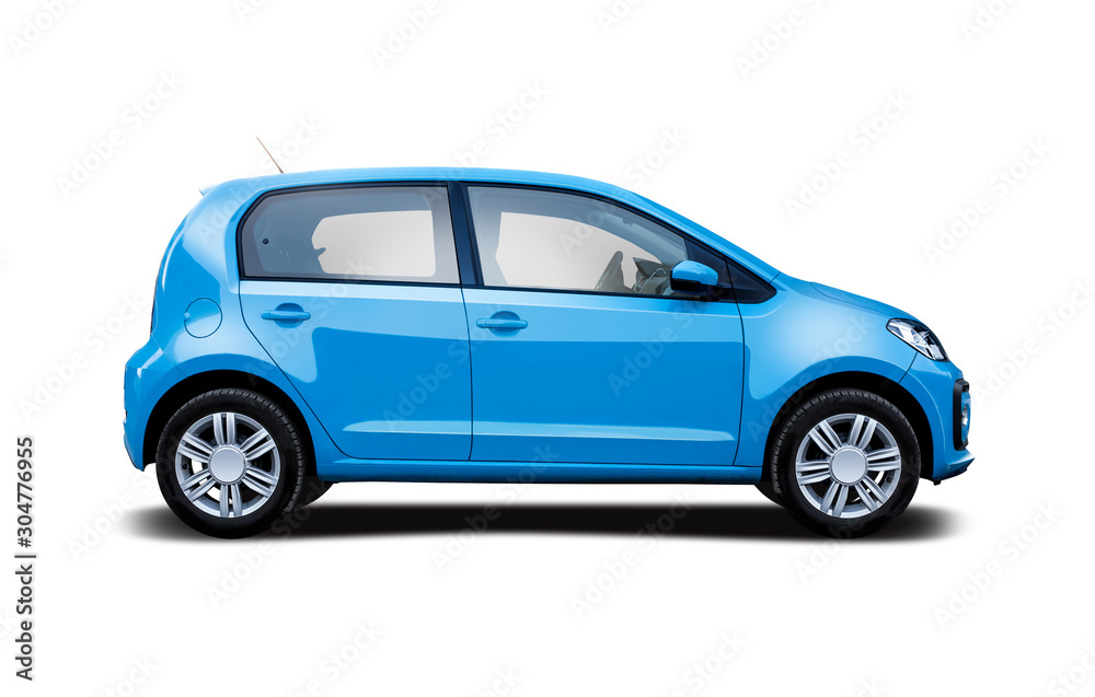 Small hatchback city car side view isolated on white - obrazy, fototapety, plakaty 